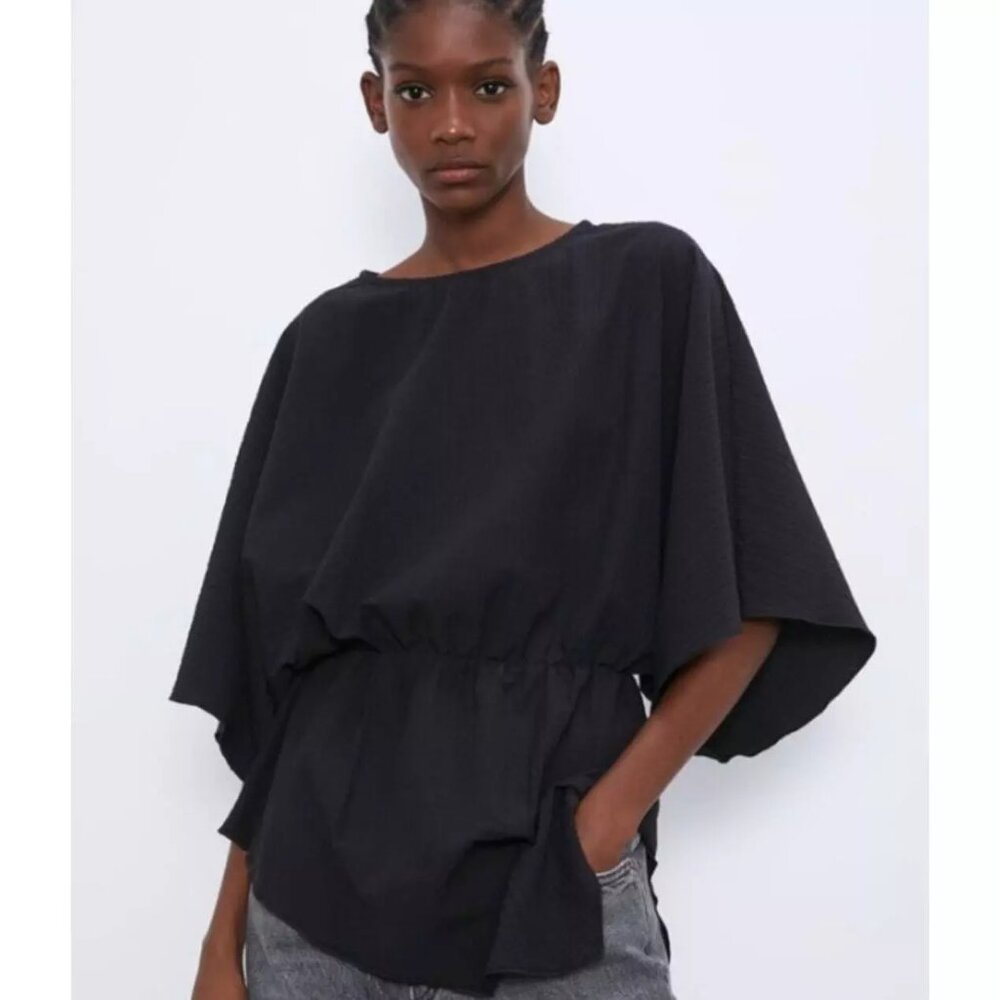 Zara Black Draped Short Sleeve Blouse
